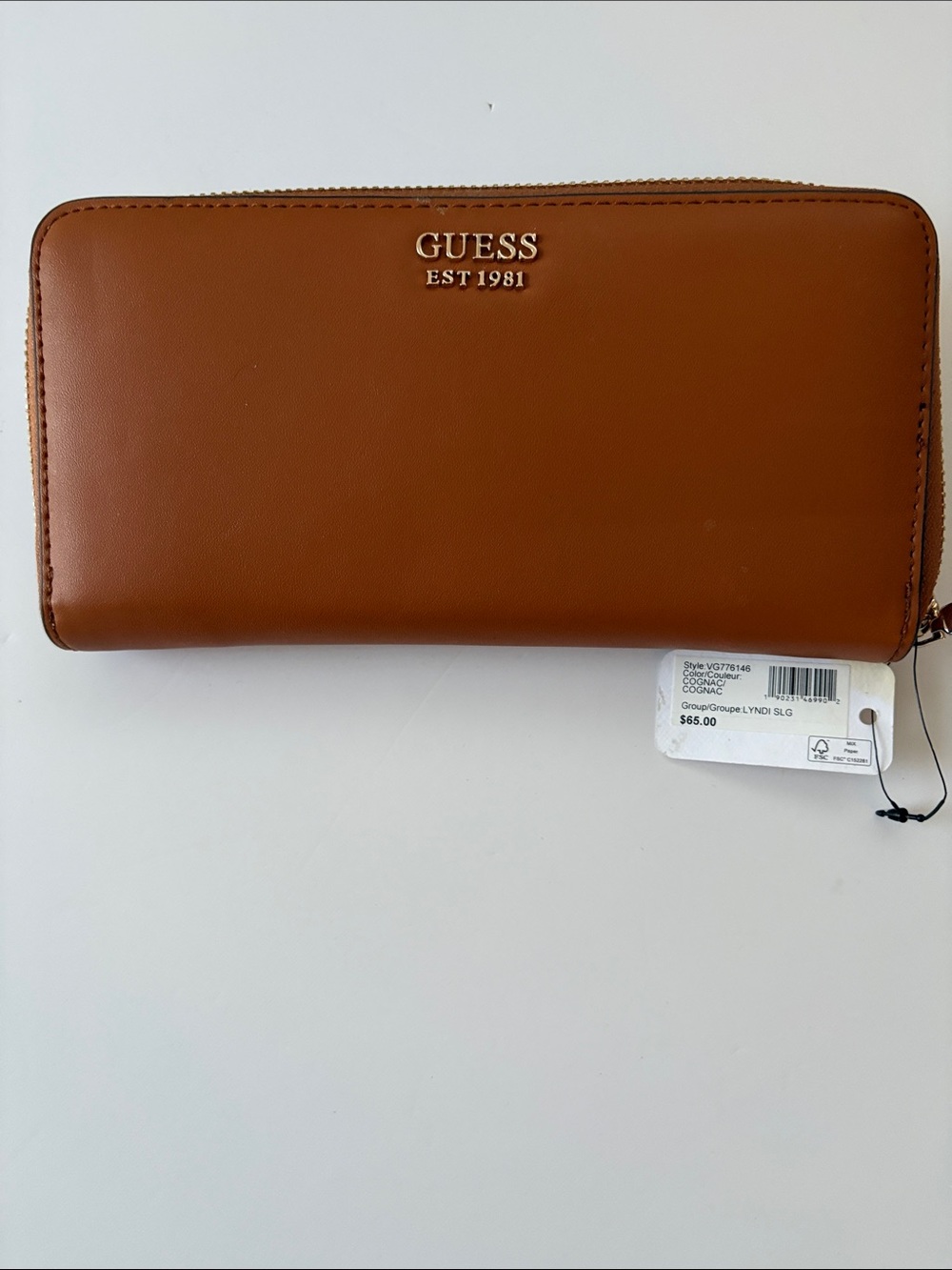 GUESS Tan Zip-Around Leather Wallet with Logo